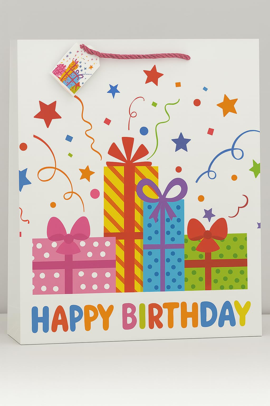 Jumbo Colorful Happy Birthday Presents Paper Gift Bag with Tag. 40x31x12cm