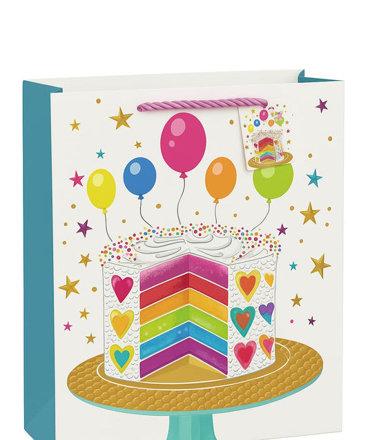Jumbo Vibrant Rainbow Birthday Cake Gift Bag with Balloons & Tag.40x31x12cm