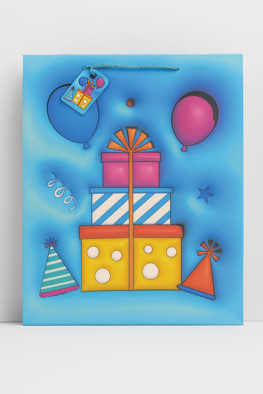 Jumbo Festive Blue Stacked Birthday Presents Gift Bag with Tag.40x31x12cm
