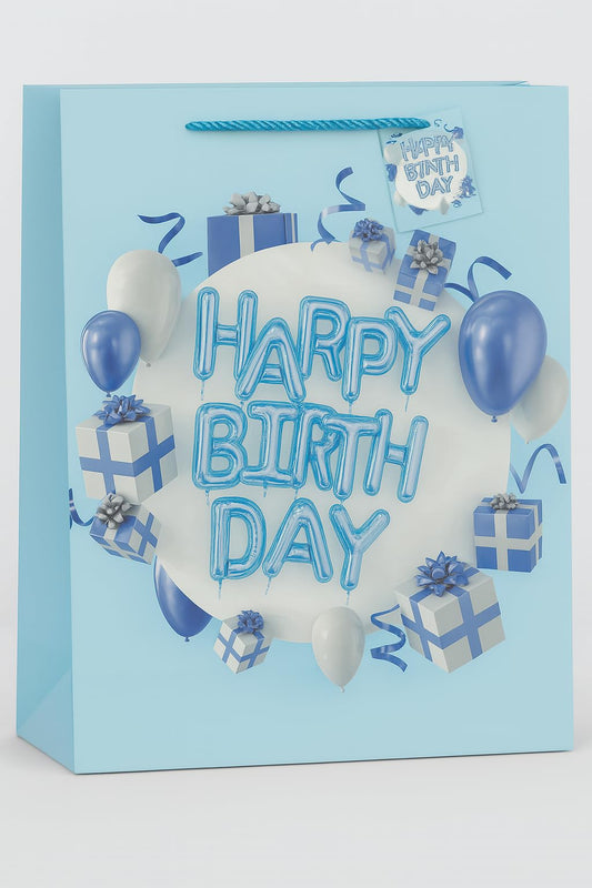 Large Blue Happy Birthday Giftbag for Present and Party Favor 26x32x10cm