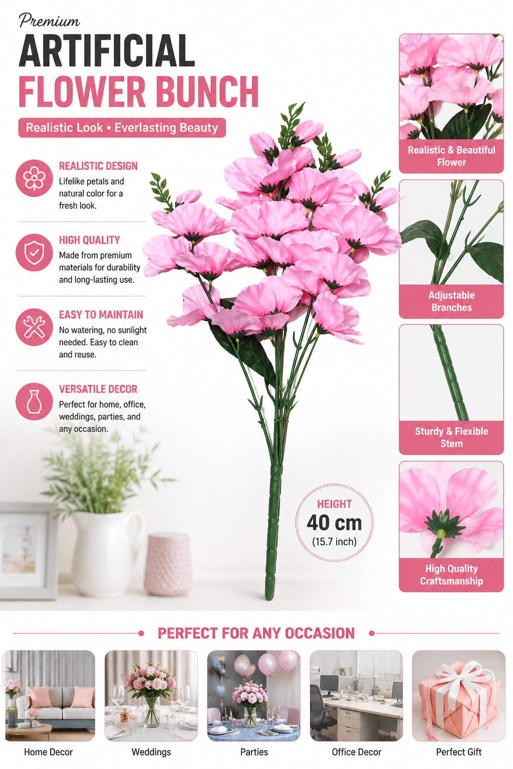 40cm Artificial Pink Flower Bunch
