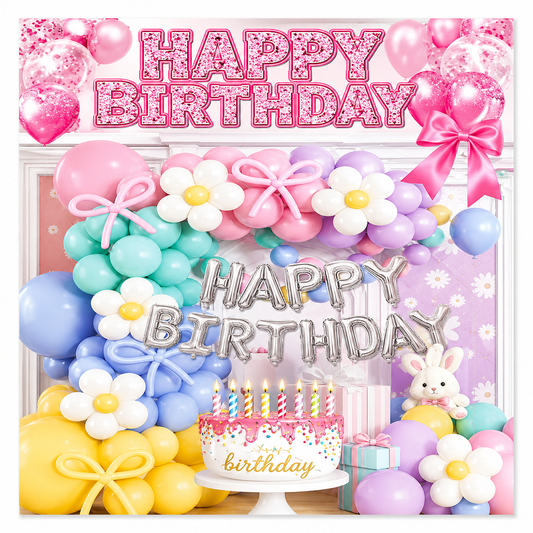 Pastel Pink Happy Birthday Backdrop Banner with Balloon Theme
