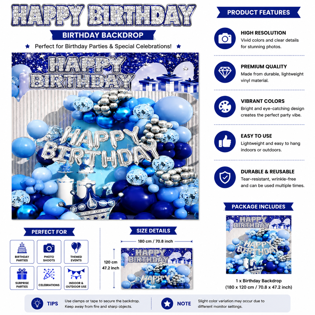 Happy Birthday Blue Theme Backdrop Banner