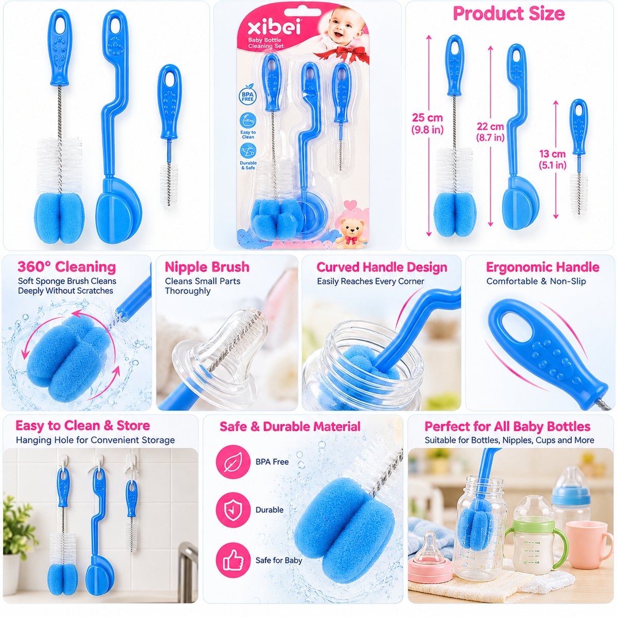 3-Piece Baby Bottle Cleaning Brush Set