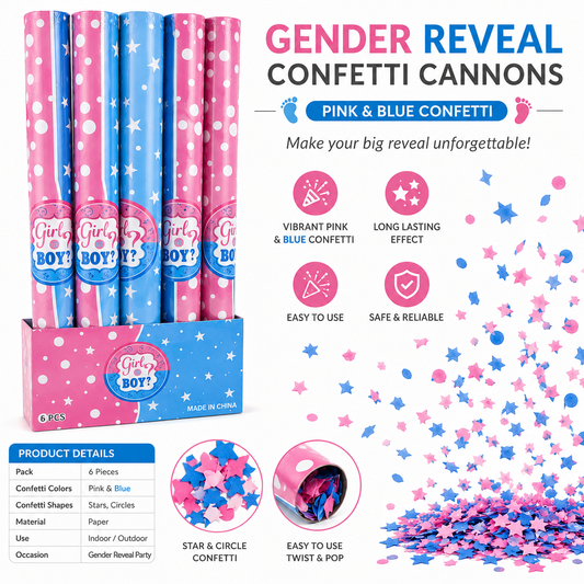 Gender Reveal Confetti Cannon 6 Pack – Pink & Blue Confetti Party Poppers
