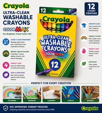 Crayola Washable Crayons 12 Count – Non-Toxic Coloring Supplies