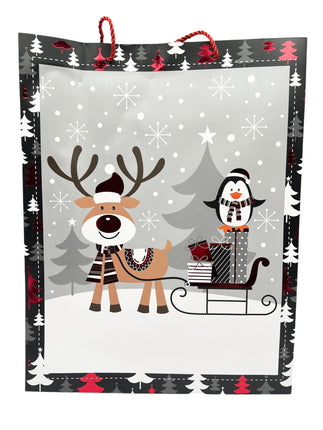 Festive Christmas Reindeer and Penguin Holiday Gift Party Paper Bag - Jumbo Size 31x40x12 cm