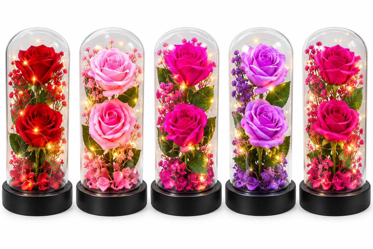 LED Rose Flower Glass Dome with Fairy Lights