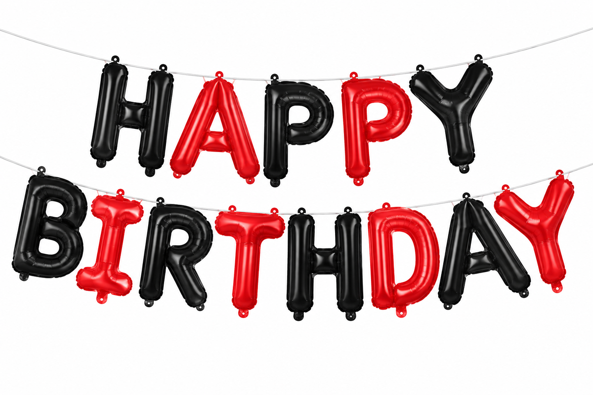 16" Red & Black Happy Birthday Letter Foil Balloon Banner