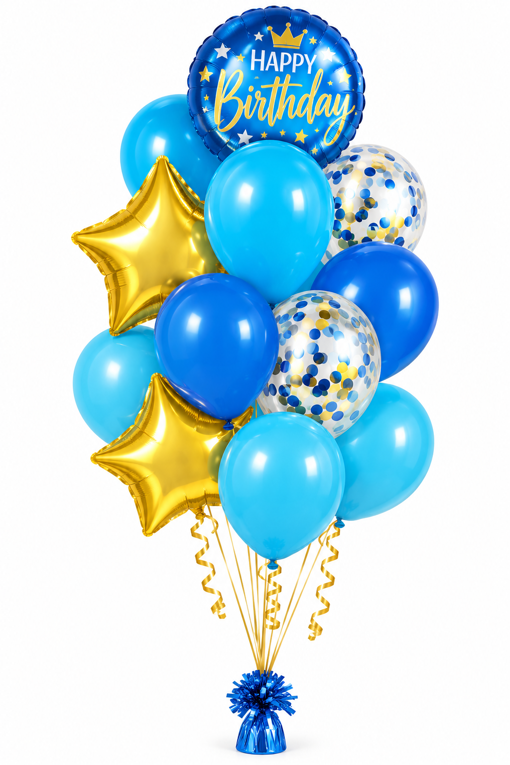 18" & 12" Blue & Gold Happy Birthday Balloon Bouquet with Star