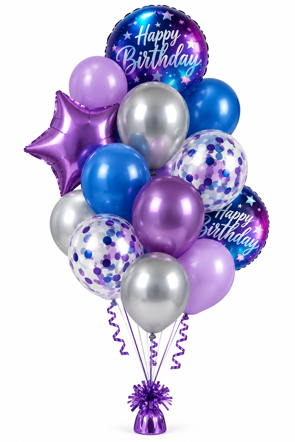 18" & 12" Purple & Blue Happy Birthday Balloon Bouquet