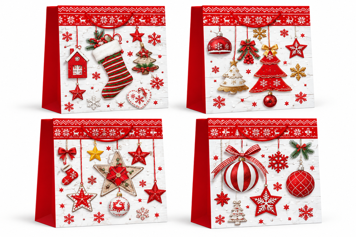 Christmas Gift Bag – Red & White Festive Holiday Ornament Design