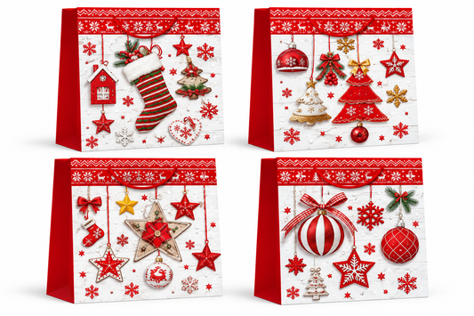 Christmas Gift Bag – Red & White Festive Holiday Ornament Design