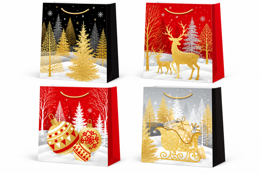 Christmas Gift Bag Gold Reindeer, Christmas Tree & Winter Design - Small