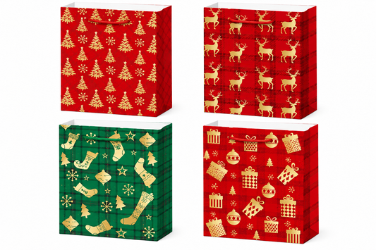Christmas Gift Bag Assorted Gold Foil Designs - Medium