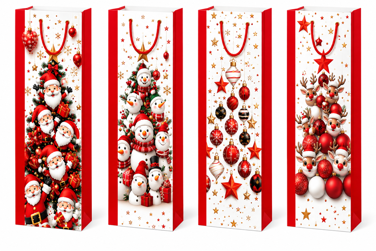 Christmas Wine Bottle Gift Bag Assorted Santa Designs - 4.72” × 13.78” × 3.54”
