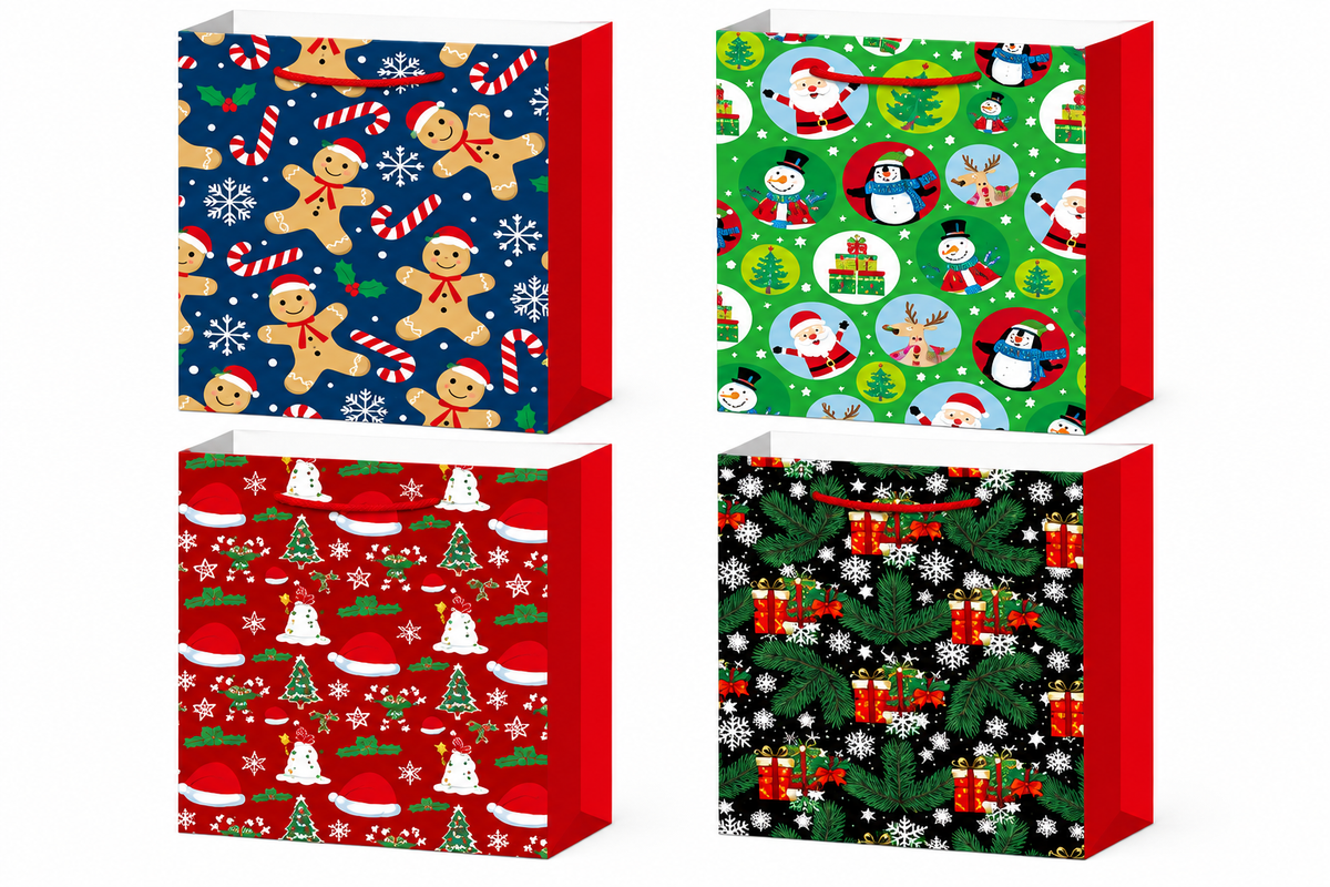 Christmas Gift Bag Assorted Santa, Snowman Designs - Medium