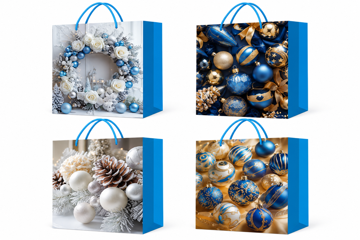Christmas Ornament Gift Bag Blue & Gold - Medium
