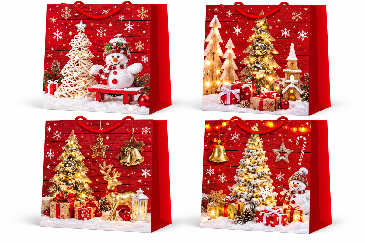 Christmas Gift Bag Red & Gold Christmas Tree, Snowman & Reindeer Design - Medium