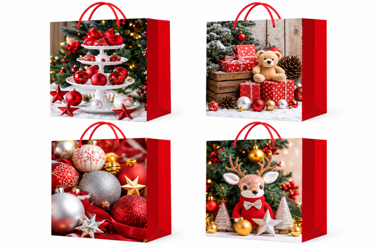 Christmas Gift Bag Festive Holiday Ornament, Teddy Bear & Reindeer - Small