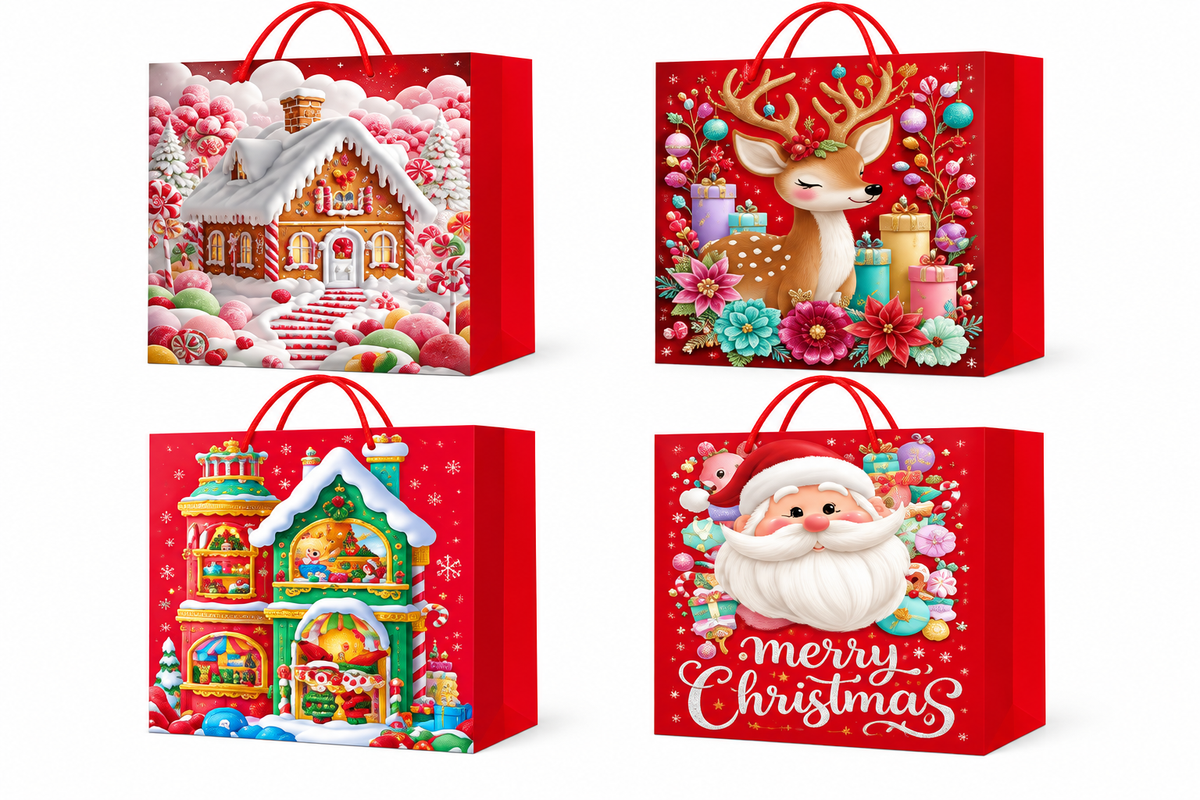Christmas Gift Bag Santa, Reindeer & Gingerbread Holiday Design - Medium
