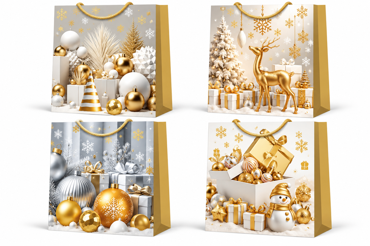 Christmas Gift Bag Elegant White & Gold Reindeer, Ornaments & Snowman Design