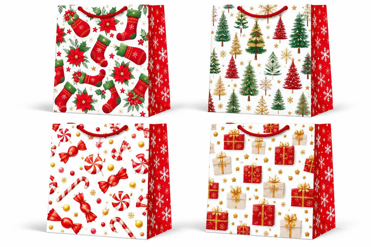 Christmas Gift Bag Festive Stockings, Christmas Trees, Ornaments & Gift Box Design