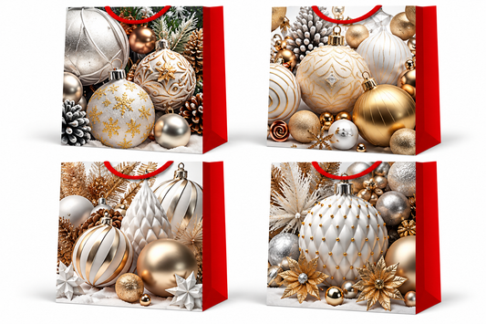 Christmas Gift Bags with Elegant Gold & Silver Ornament Designs - Small