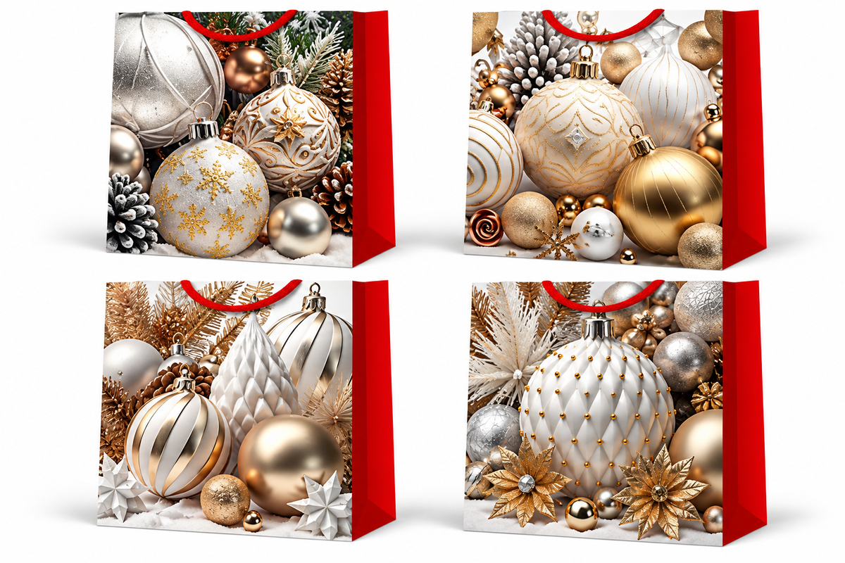 Christmas Gift Bags with Elegant Gold & Silver Ornament Designs - Small