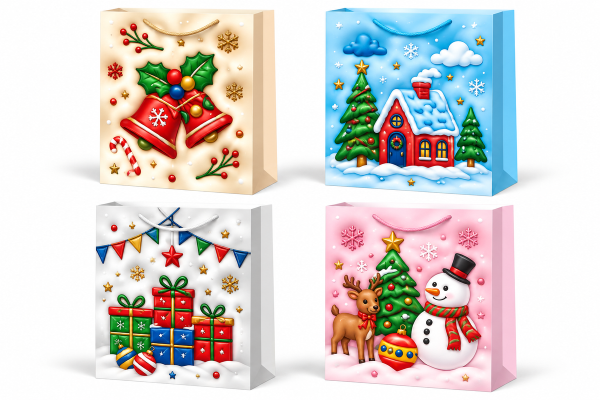Christmas Holiday Gift Bags with 3D Festive Designs - Medium
