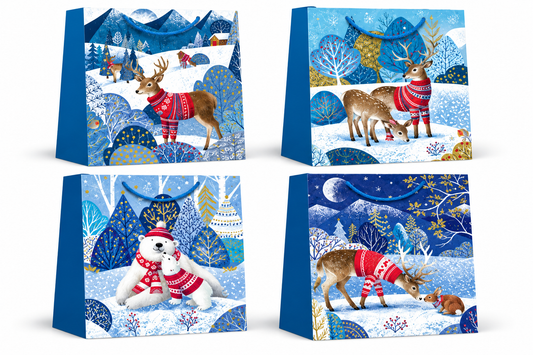 Christmas Gift Bags with Winter Wonderland Reindeer & Snowman Designs - Small