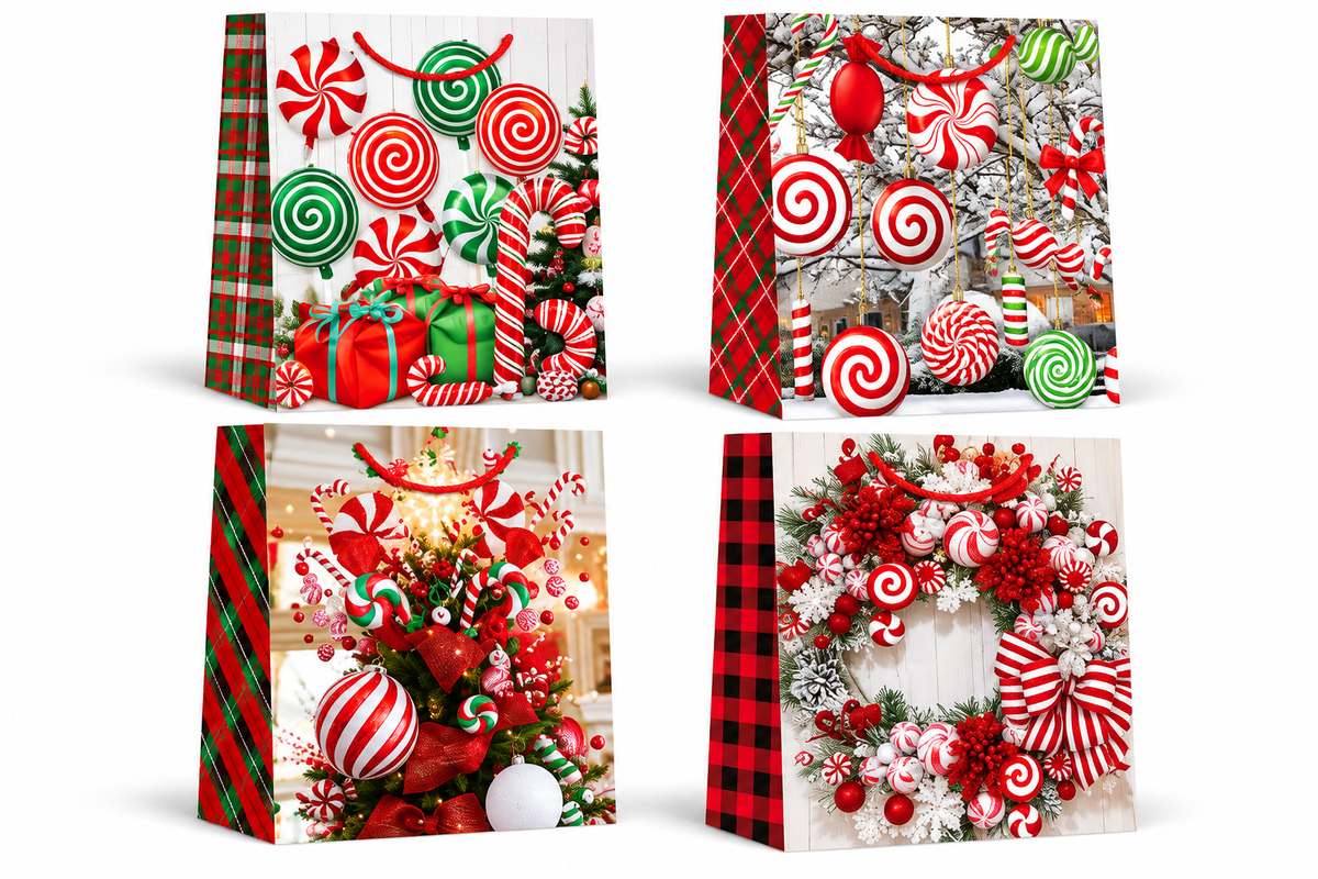 Christmas Gift Bags with Candy Cane, Peppermint Swirls & Festive Holiday Decorations