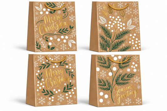 Christmas Kraft Paper Gift Bags with Gold Foil Snowflakes, Reindeer & Festive Greenery - Small