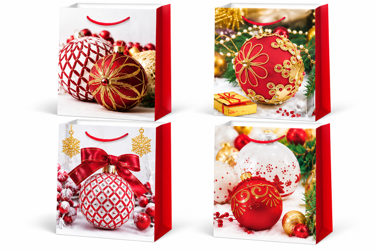 Christmas Gift Bags with Red & Gold Baubles, Glitter Ornaments