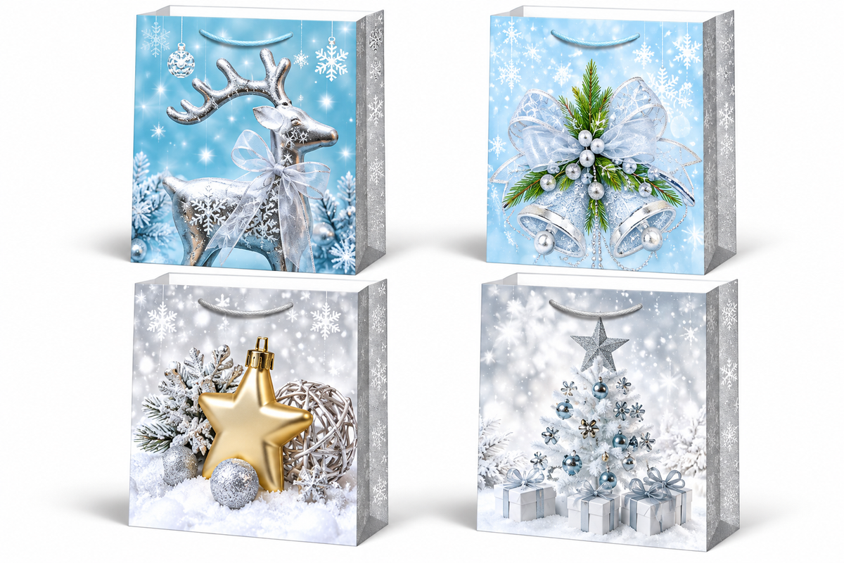 Christmas Gift Bags with Silver Reindeer, Snowflakes, Bells & Christmas Tree Designs - Medium