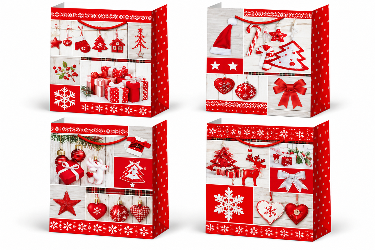 Christmas Gift Bags with Red & White Festive Designs - Small