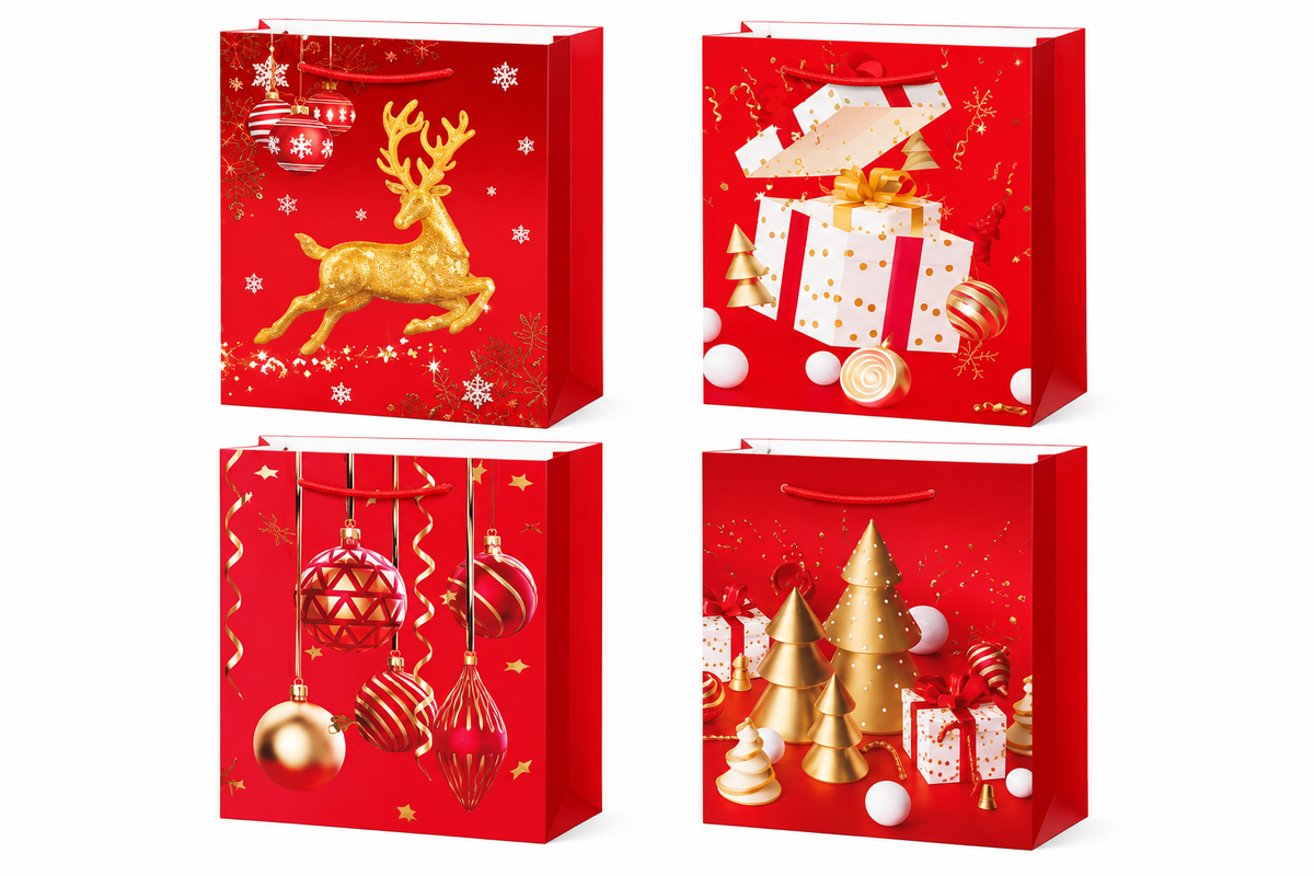 Christmas Gift Bags with Gold Reindeer, Hanging Ornaments & Christmas Trees Design - Medium