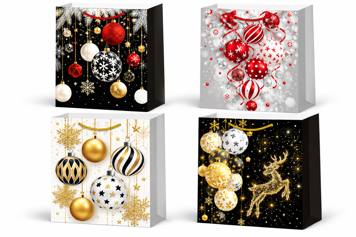 Christmas Gift Bags with Red, Gold & Silver Baubles, Snowflakes, Glitter Reindeer Design