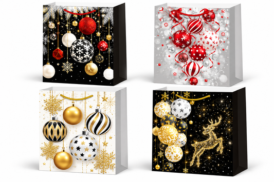 Christmas Gift Bags with Red, Gold & Silver Baubles, Snowflakes, Glitter Reindeer Design