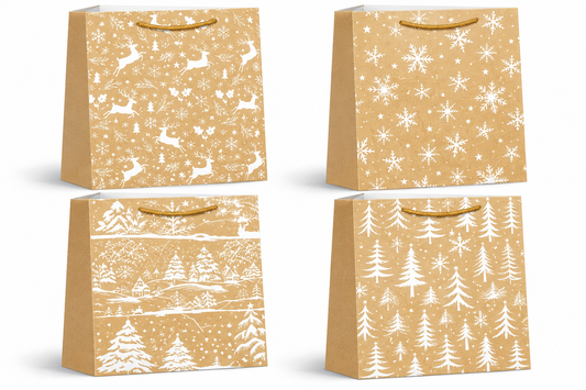 Christmas Kraft Paper Gift Bags with White Snowflakes, Christmas Trees & Winter Forest Designs