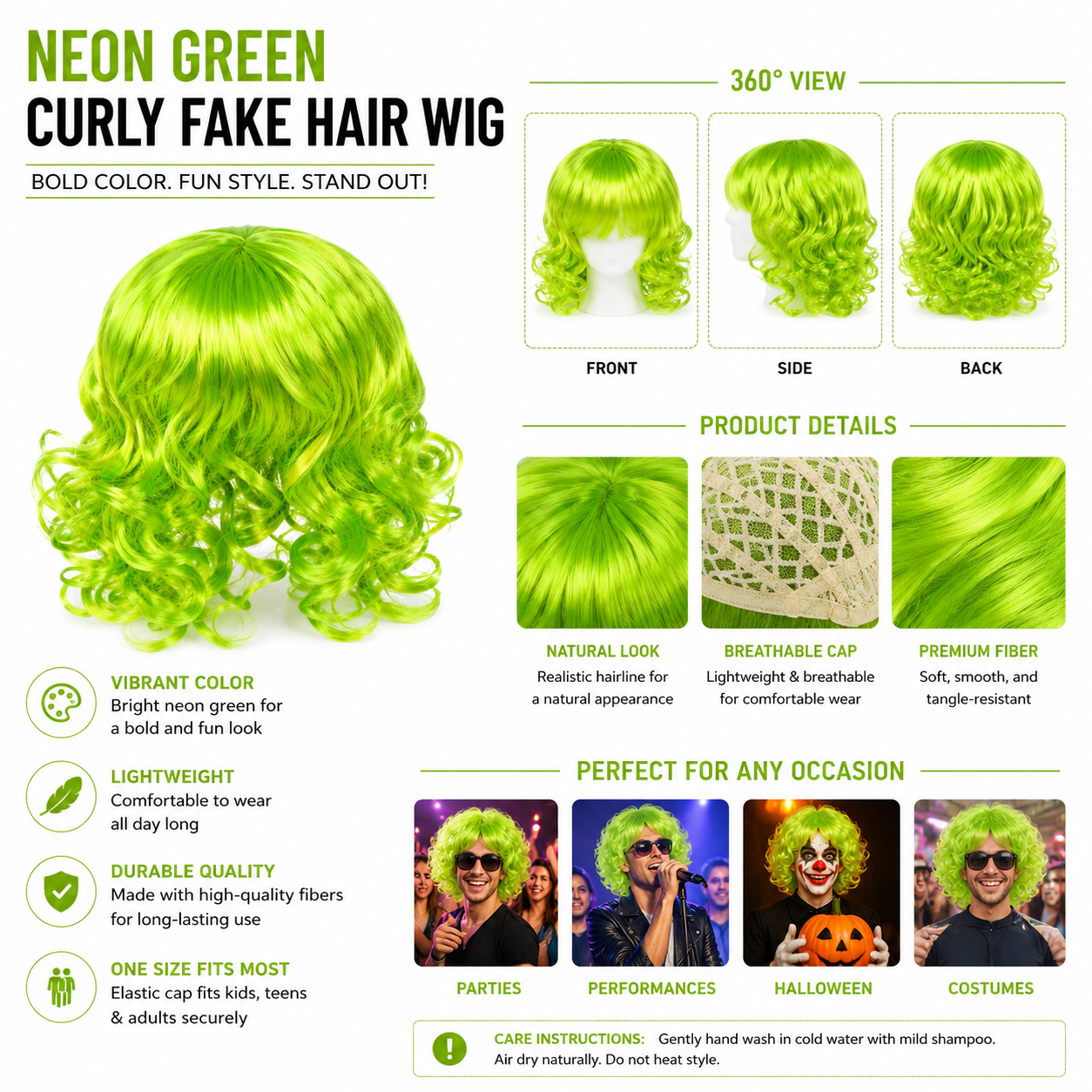 Neon Green Curly Fake Hair Wig