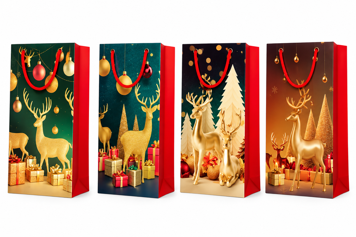 Christmas Gift Bags with Gold Reindeer & Festive Holiday Design - Medium