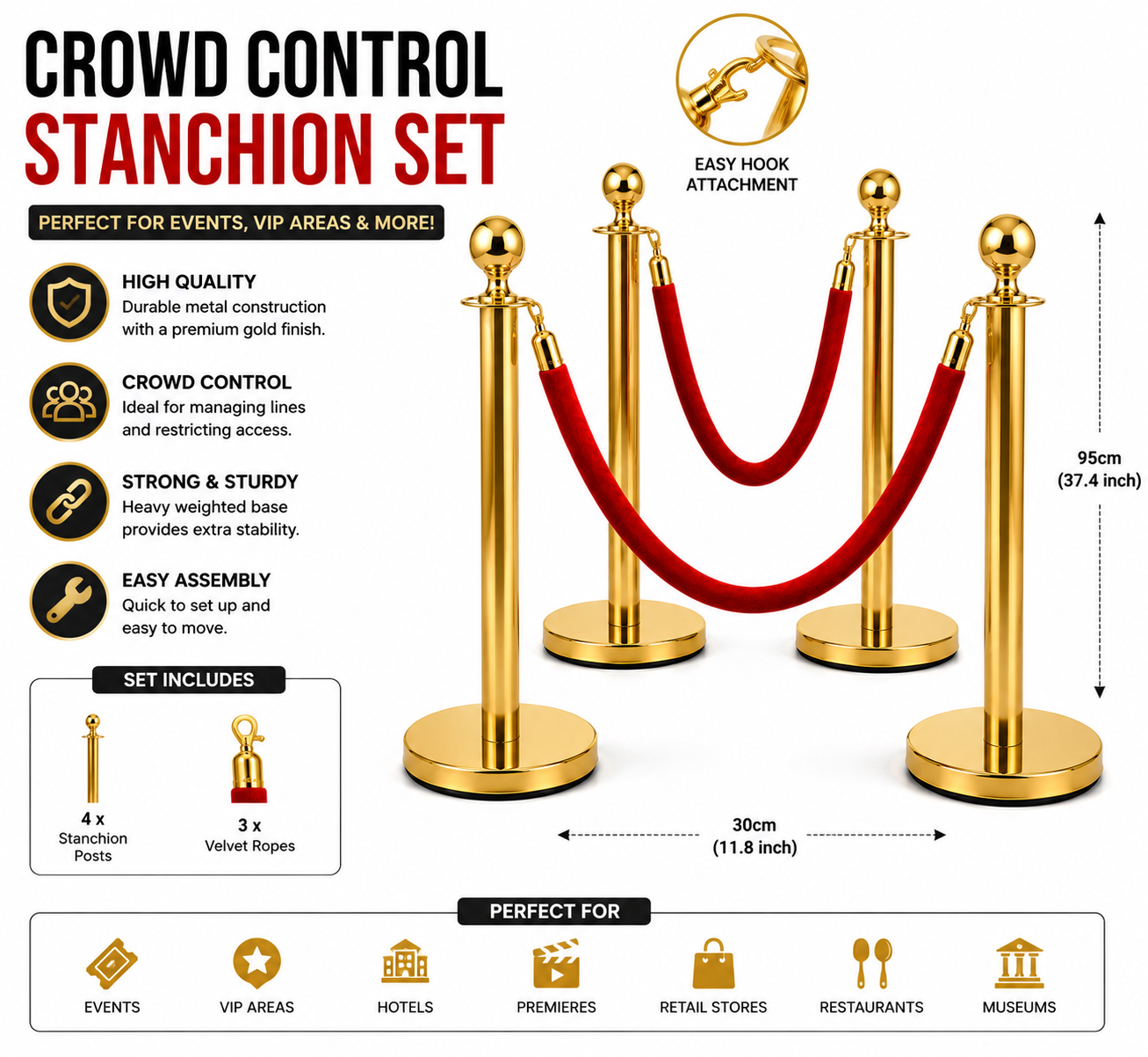 Gold Crowd Control Stanchion Set with Red Velvet Rope