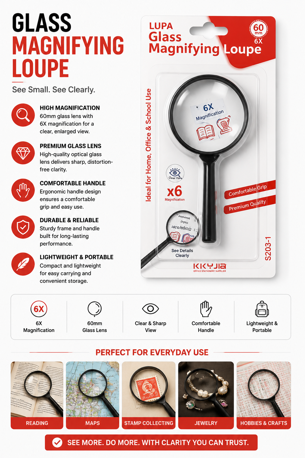 Handheld Magnifying Glass 6X Magnification – 60mm Optical Glass Lens