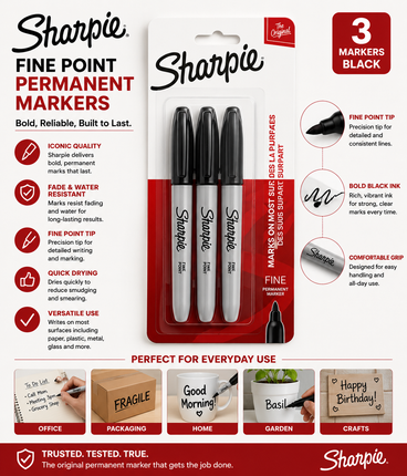 Sharpie Black Permanent Markers Fine Tip – 3 Count Quick Dry Marker Pack
