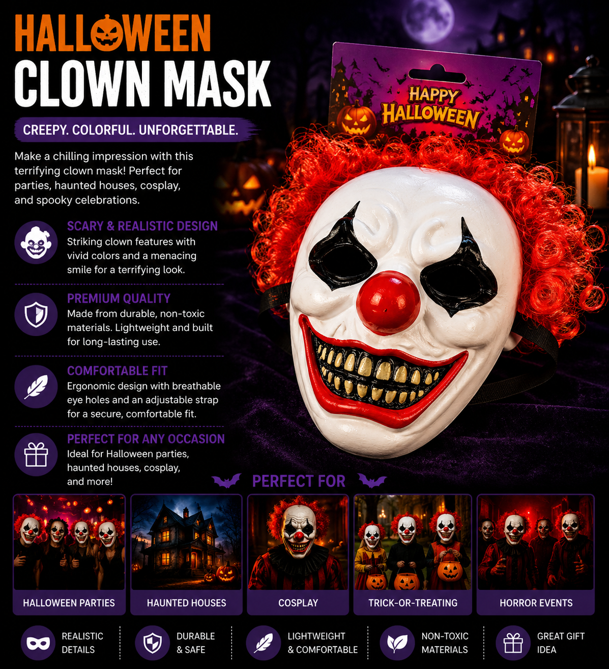 Scary Clown Halloween Mask – Horror Costume Accessory with Red Hair