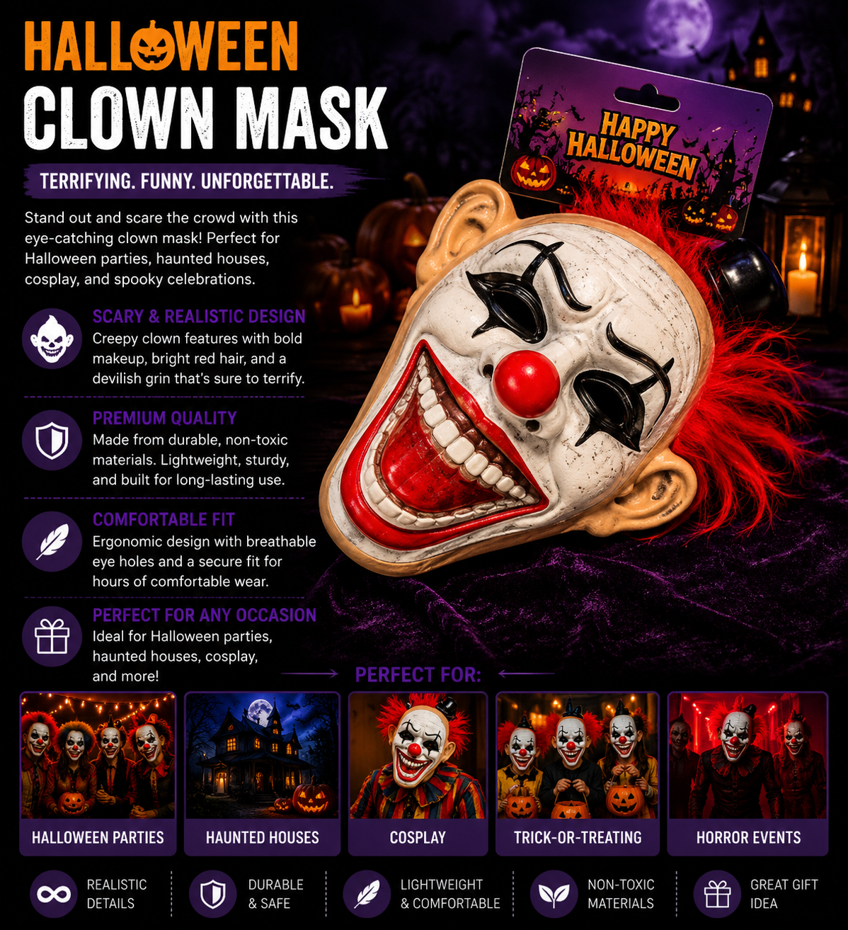 Halloween Horror Clown Mask – Realistic Red Hair Costume Accessory