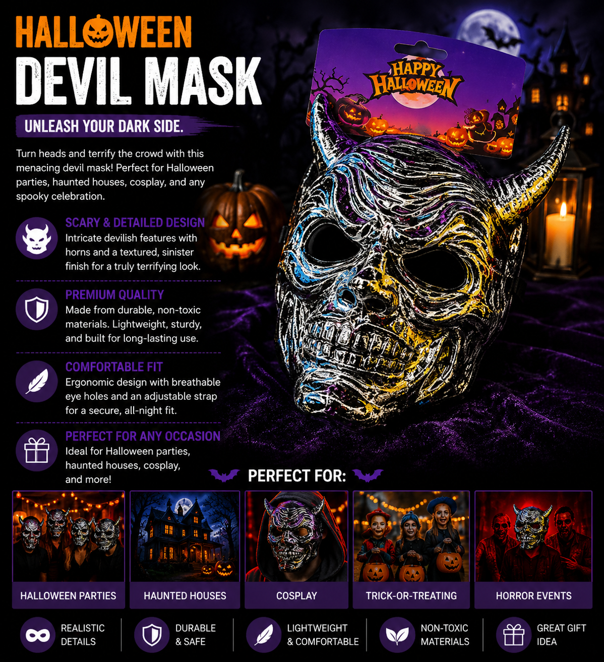 Devil Skull Halloween Mask – Horror Demon Costume Accessory