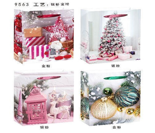 Festive Christmas Design Flocked Tree, Lantern, Baubles, Presents Party Paper Bag - Jumbo Size 31x40x12 cm