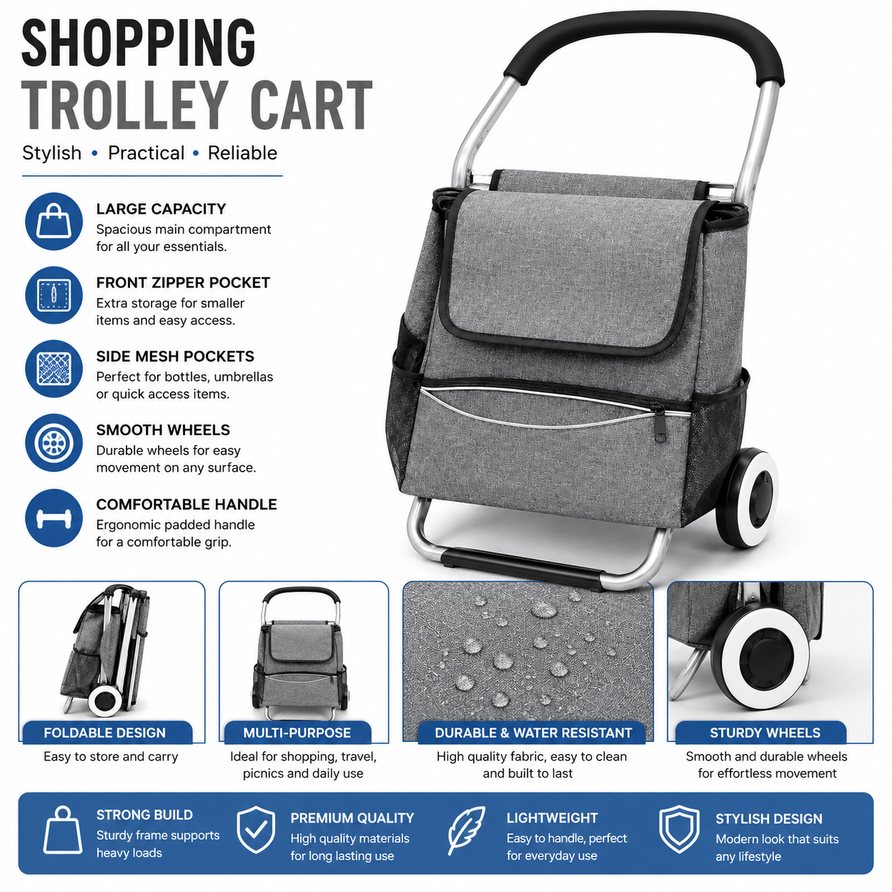 Lightweight Foldable Shopping Trolley - Grey